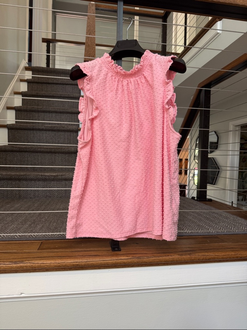 J Crew Pink Swiss Dot Sleeveless Ruffle Top